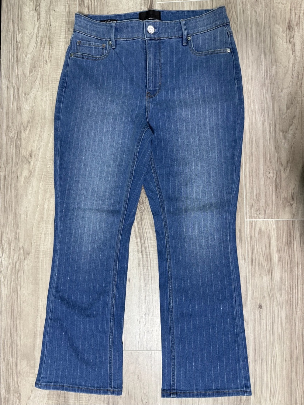 White House Black Market Blue Sparkle Pinstriped Kick Flare Jeans